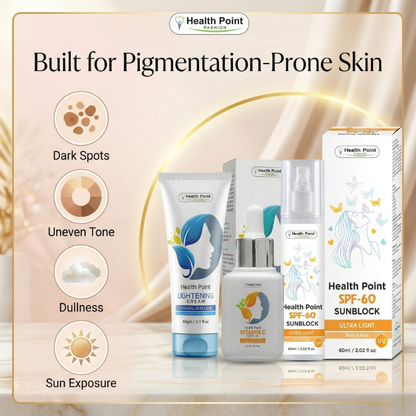 Dark spots pigmentation and uneven skin tone solution image for Health Point Advanced Glow Stack skincare bundle in Pakistan