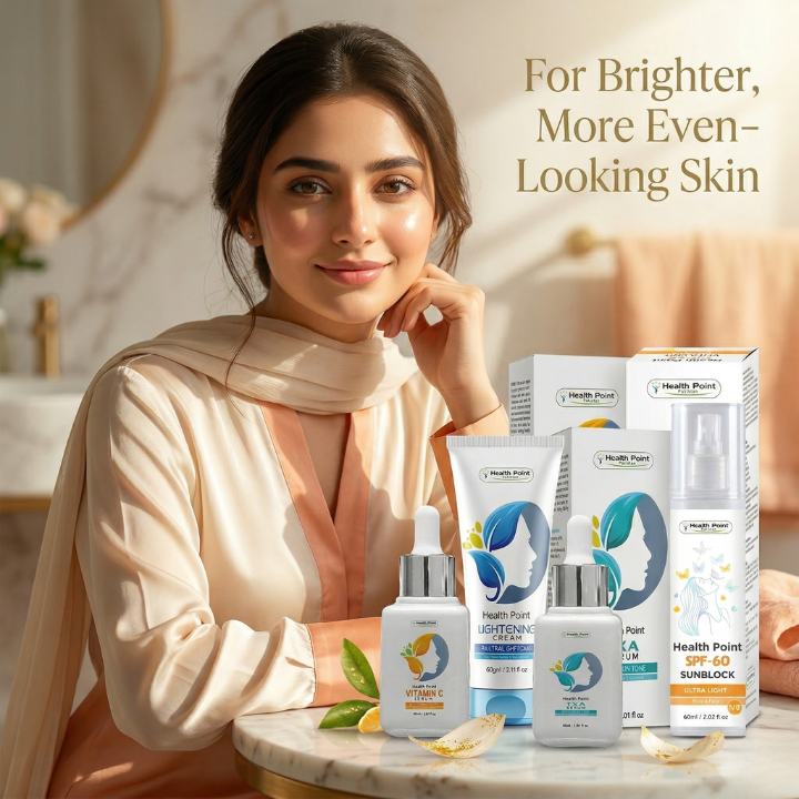 Lifestyle glow routine image for Health Point Advanced Glow Stack showing brighter even-looking skin aspiration