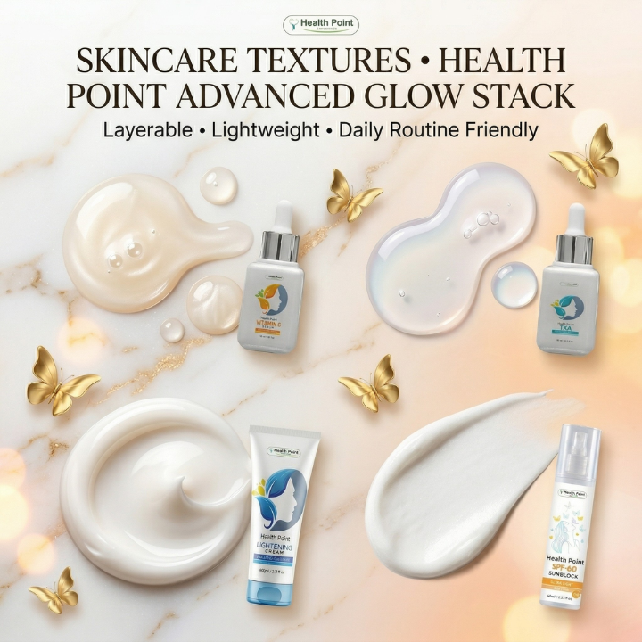 Texture and layering image showing serum cream and SPF finish for Health Point Advanced Glow Stack bundle
