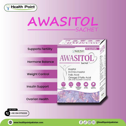 Awasitol Myo-Inositol Sachet for PCOS treatment in Pakistan, enriched with Folic Acid, Omega-3, and herbal extracts to regulate insulin levels, enhance fertility, reduce cravings, and support hormonal health by Health Point Pakistan.