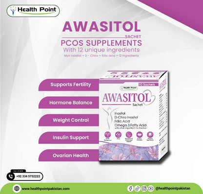 Awasitol Sachet – Best PCOS Supplement in Pakistan with Myo Inositol, D-Chiro Inositol, Folic Acid, Omega 3, and 12 Ingredients for Fertility, Hormone Balance, Weight Control, and Ovarian Health – Health Point Pakistan