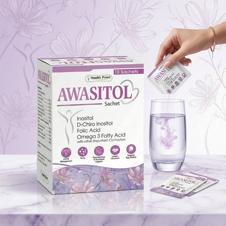 Awasitol Sachet mix experience image showing daily PCOS wellness supplement routine by Health Point