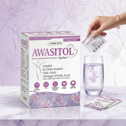 Awasitol Sachet mix experience image showing daily PCOS wellness supplement routine by Health Point