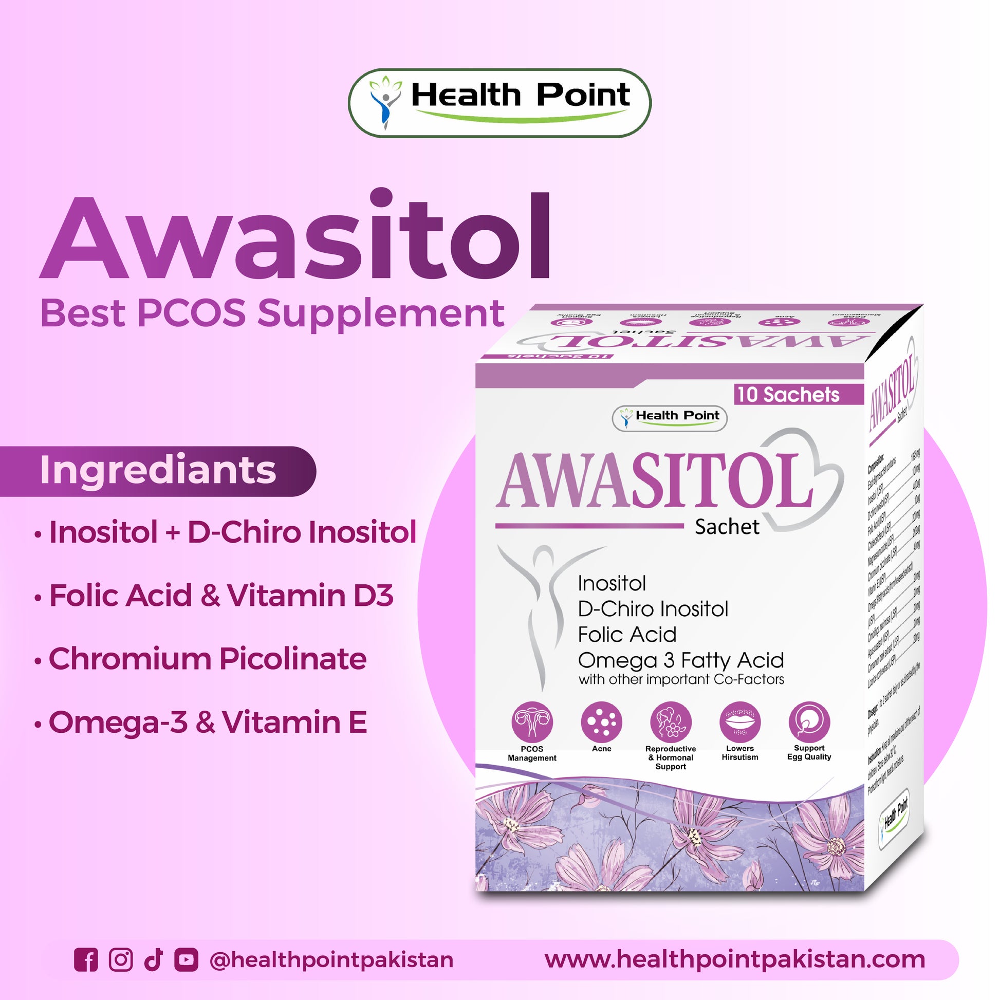 PCOS supplement sachet Awasitol showing key ingredients for hormonal balance and reproductive health”