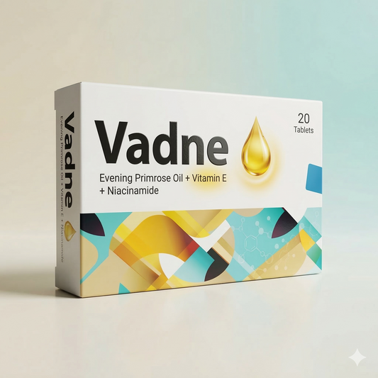Vadne Tablets 3D packshot – best evening primrose oil supplement in Pakistan with evening primrose oil, vitamin E and niacinamide