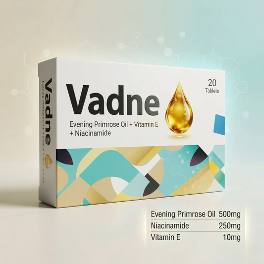 Vadne Tablets premium 3D hero image with Evening Primrose Oil 500mg Niacinamide 250mg and Vitamin E 10mg in Pakistan