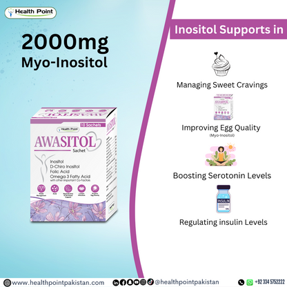 Awasitol Sachet - Best PCOS Supplement in Pakistan with 2000mg Myo-Inositol, D-Chiro Inositol, Folic Acid, Omega 3, and herbal extracts for managing insulin, improving egg quality, reducing sweet cravings, and supporting hormonal balance by Health Point Pakistan.