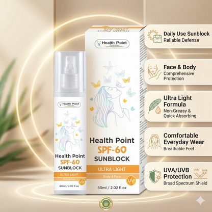 Health Point SPF 60 Sunblock highlights: UVA/UVB shield, breathable feel, and non-greasy formula for everyday protection