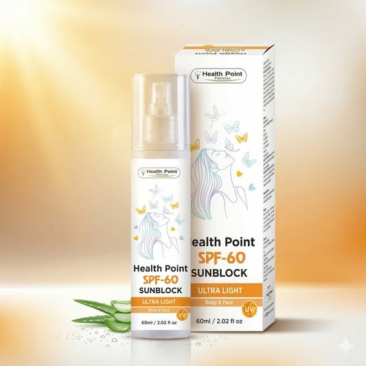 Best Ultra Light SPF-60 Sunblock for Pakistan - Health Point Sun Protection with Aloe Vera and Water Droplets