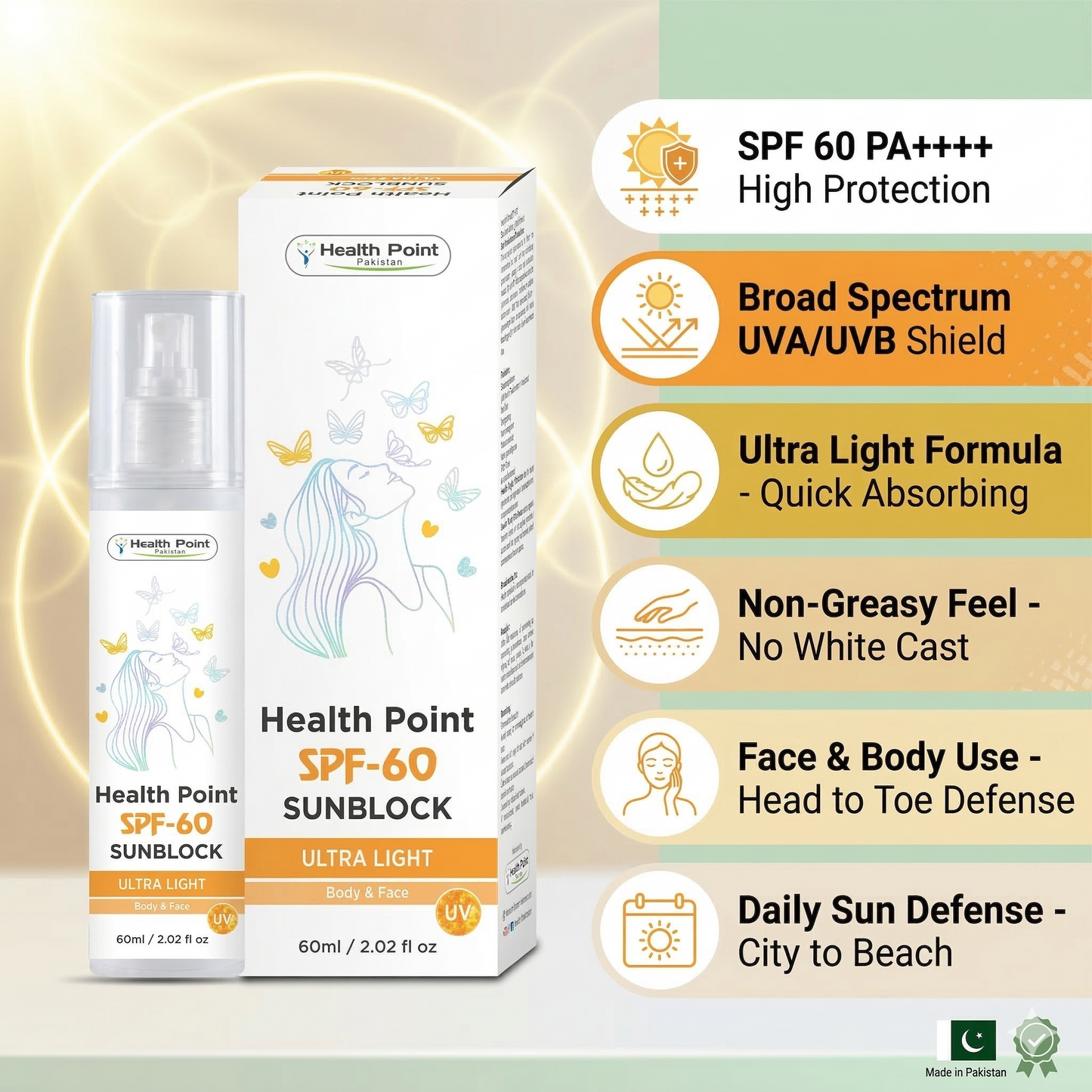Benefits of Health Point Sunblock SPF 60: Broad spectrum UVA UVB protection, non-greasy matte finish for oily skin.