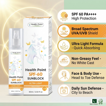 Benefits of Health Point Sunblock SPF 60: Broad spectrum UVA UVB protection, non-greasy matte finish for oily skin.