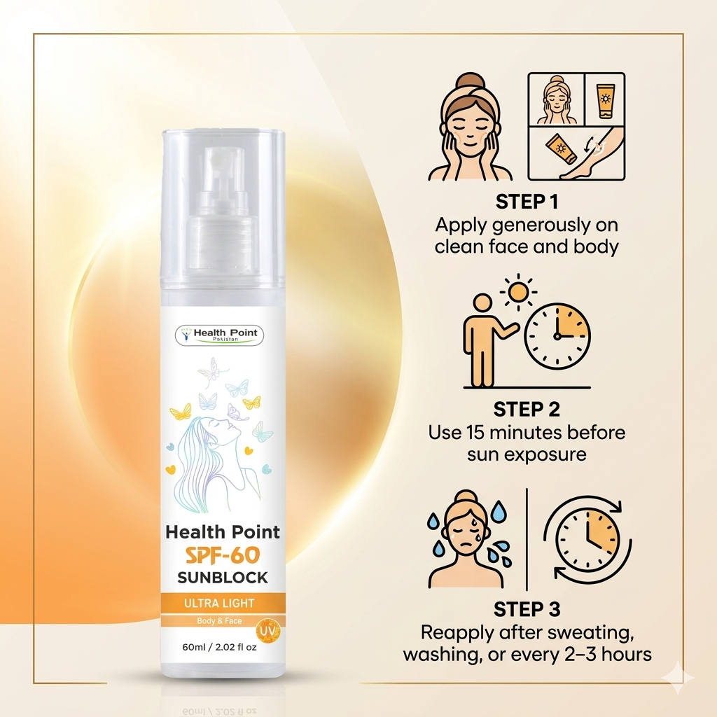 Health Point SPF 60 Sunblock instructions for Pakistan climate: Step 1 apply generously, Step 2 apply before sun, Step 3 reapply every 2-3 hours. Ultra-light, no white cast
