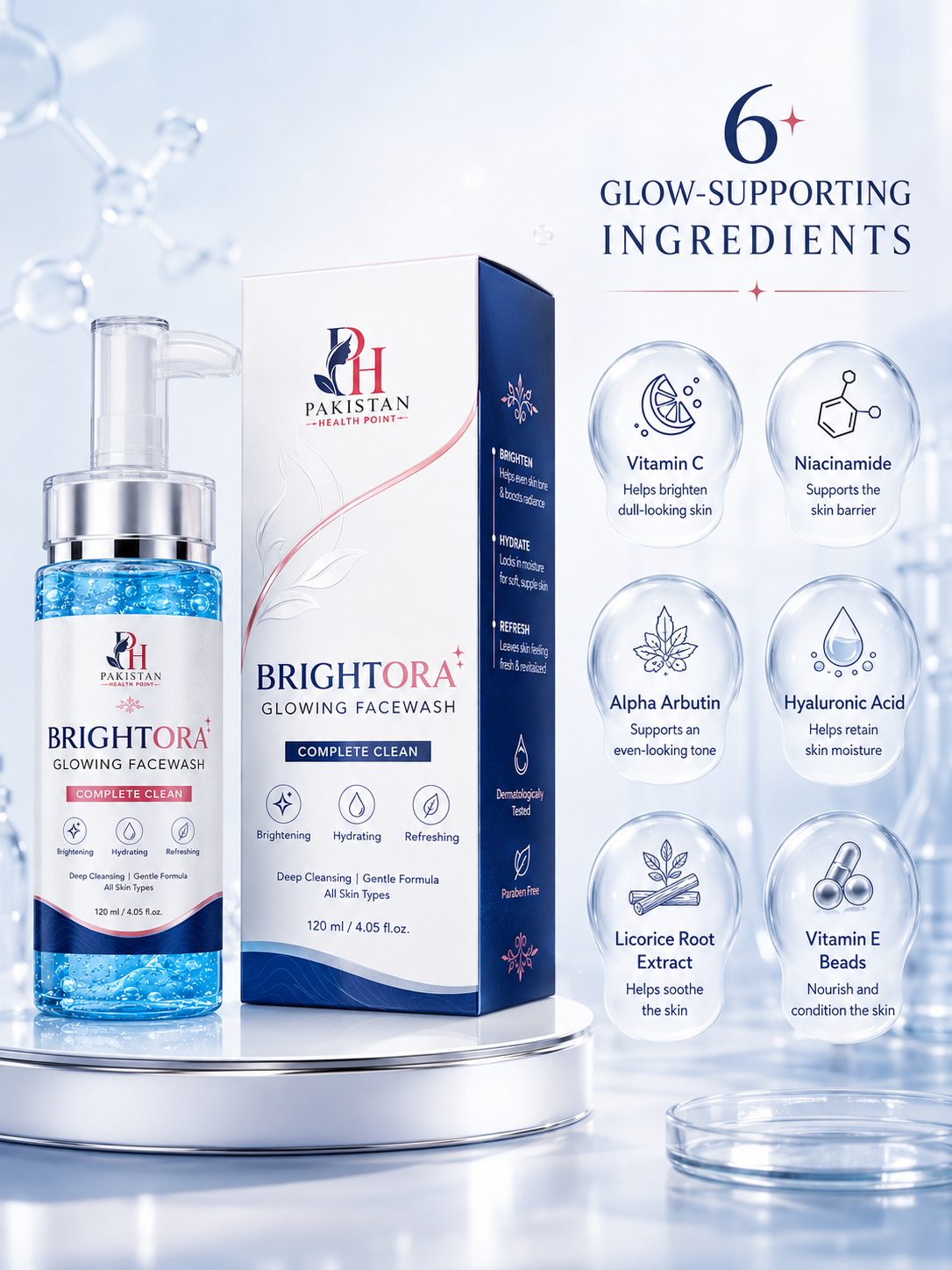 Brightora Glowing Facewash with Vitamin C, Niacinamide, Alpha Arbutin, Hyaluronic Acid, Licorice Extract and Vitamin E Beads