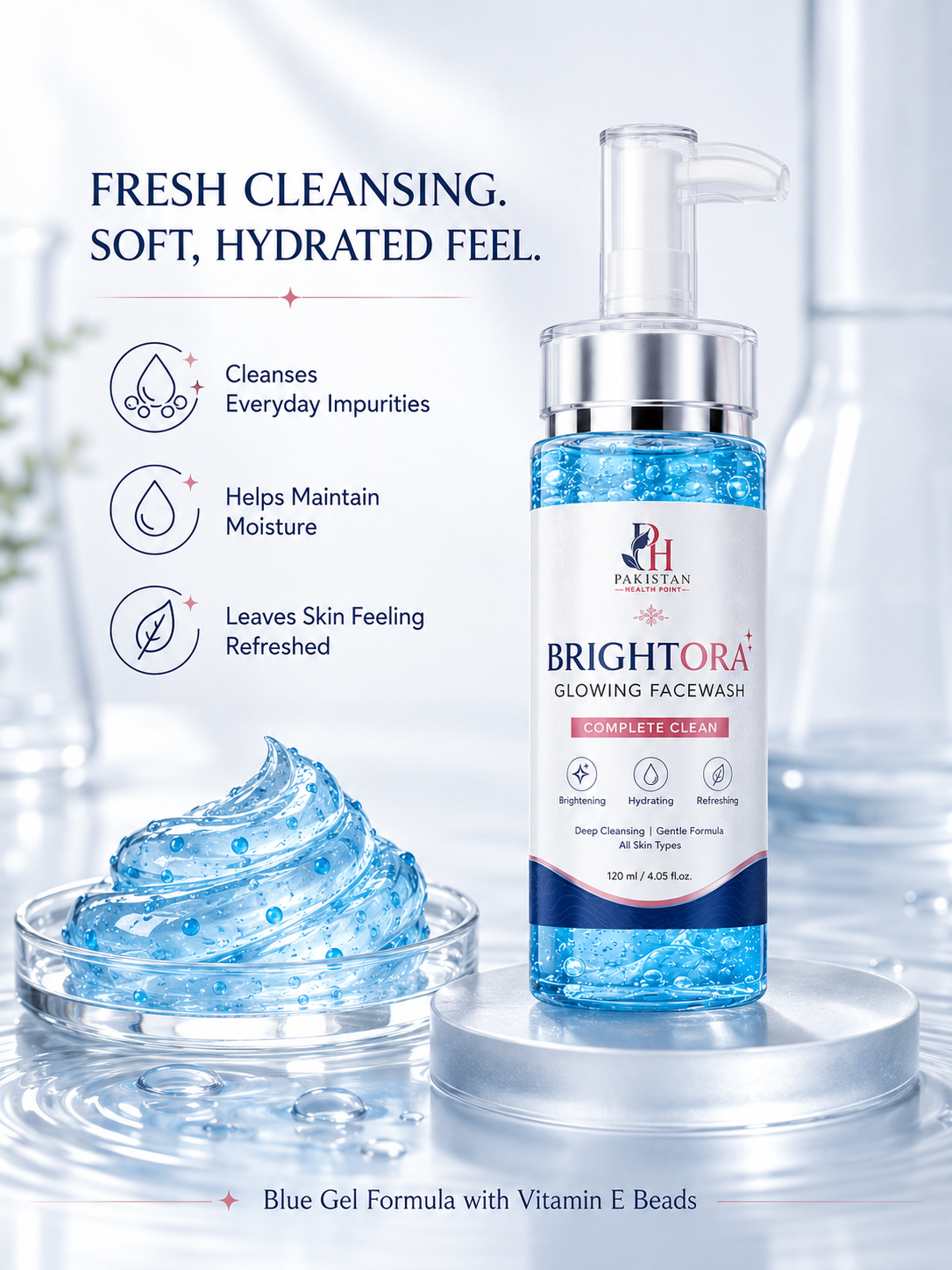 Blue gel texture of Brightora Glowing Facewash with hydrating formula and Vitamin E beads
