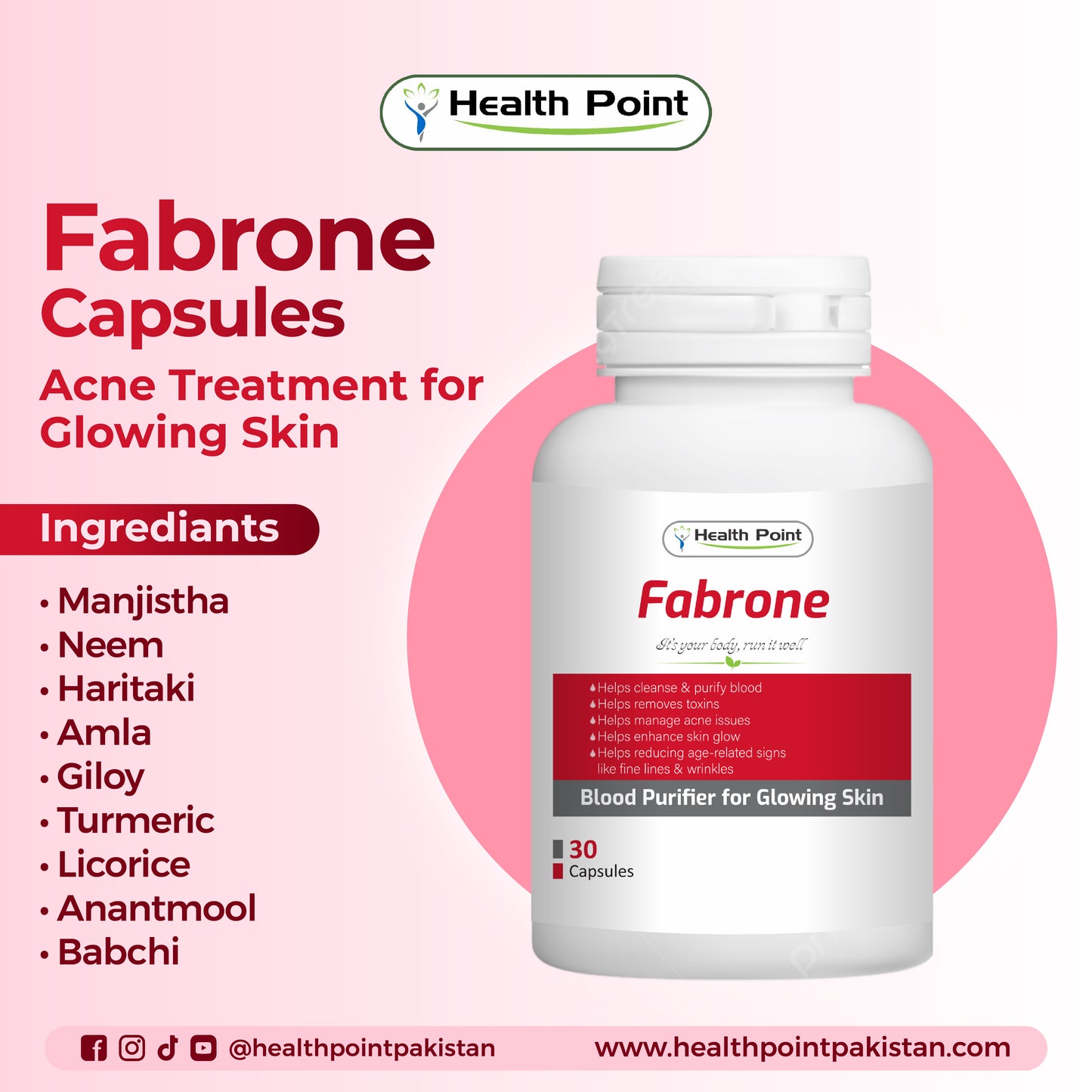 “Health Point Fabrone supplement containing herbs such as giloy, licorice, babchi and anantmool for skin glow