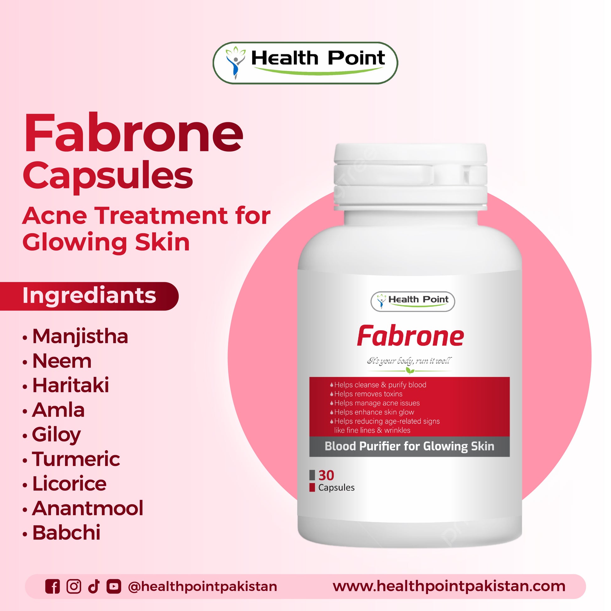“Health Point Fabrone supplement containing herbs such as giloy, licorice, babchi and anantmool for skin glow