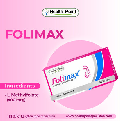 “Folimax supplement pack with L-Methyl Folate 400 mcg ingredient for maternal health and red blood cell formation
