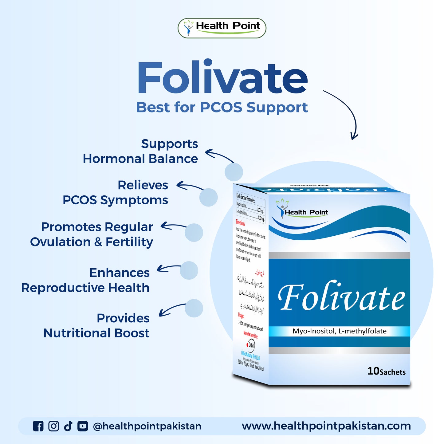 Folivate PCOS supplement sachet highlighting benefits for hormonal balance, fertility, and insulin sensitivity