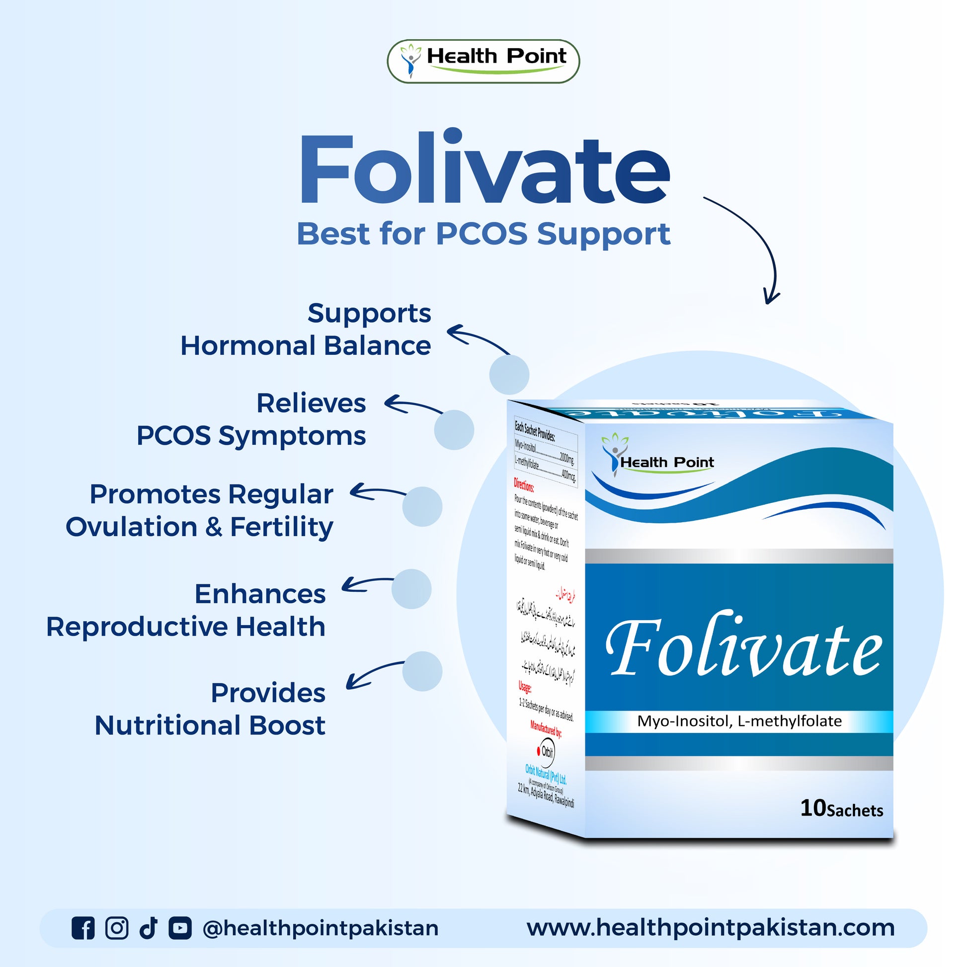 Folivate PCOS supplement sachet highlighting benefits for hormonal balance, fertility, and insulin sensitivity