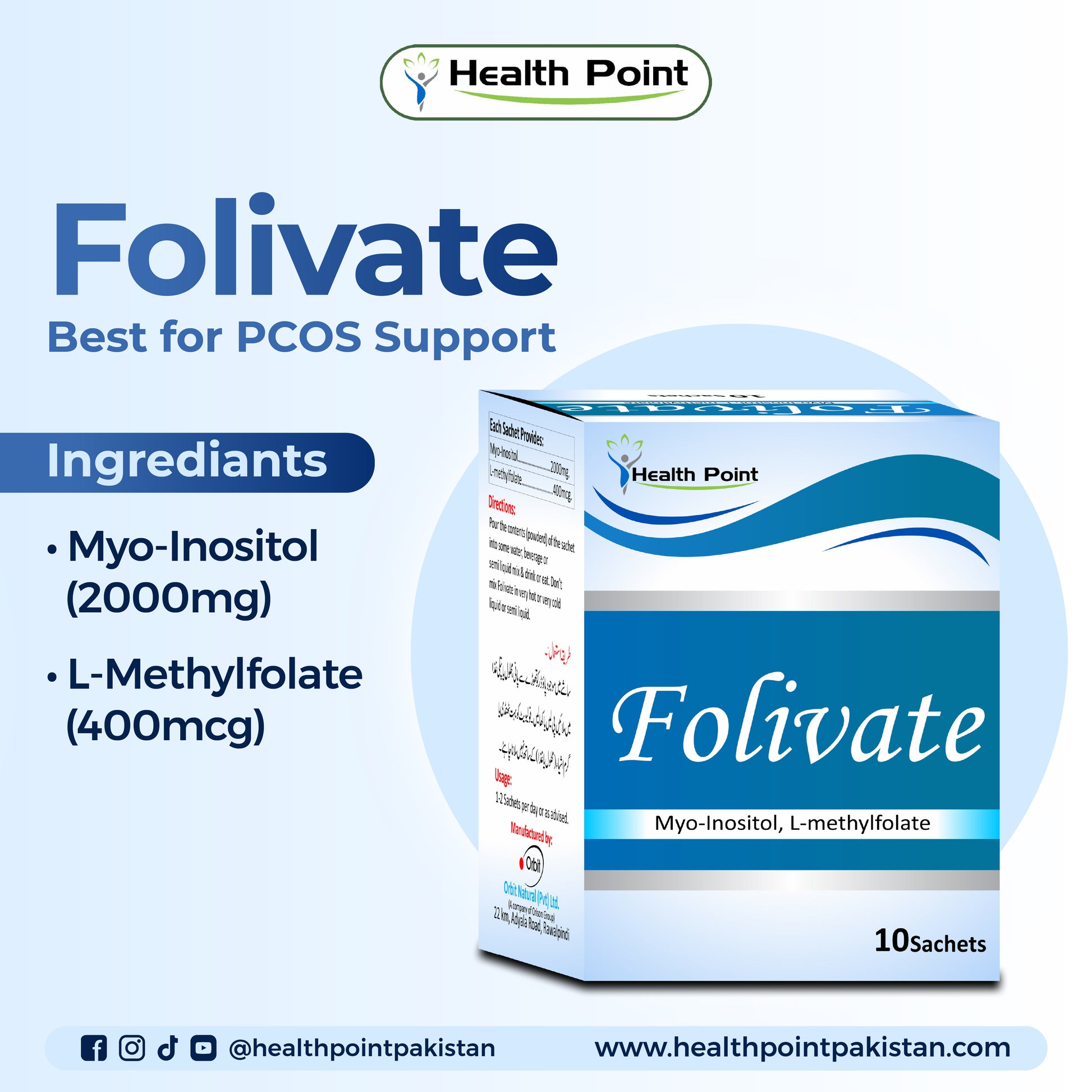 Folivate sachet showing myo-inositol and folic acid as key ingredients for PCOS management and fertility support