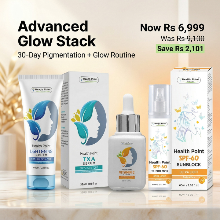 Health Point Advanced Glow Stack pigmentation bundle in Pakistan with Lightening Cream TXA Serum Vitamin C Serum and SPF 60 price offer