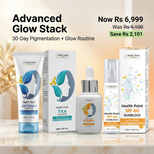 Health Point Advanced Glow Stack pigmentation bundle in Pakistan with Lightening Cream TXA Serum Vitamin C Serum and SPF 60 price offer