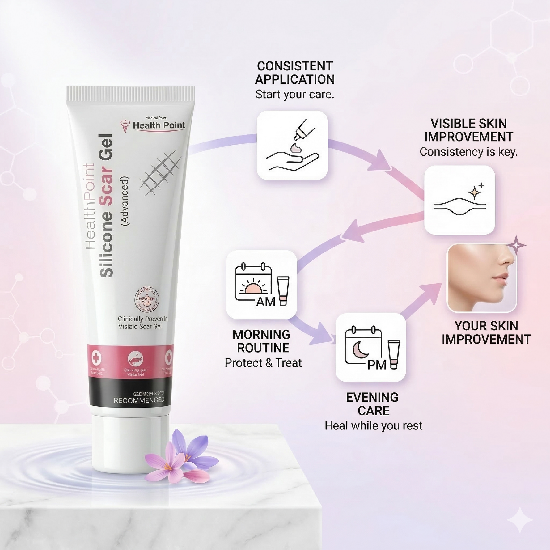 Expert image of Health Point Advanced Silicone Scar Gel tube on a clean glass shelf, effective for surgical scars, burn marks, and skin healing in Pakistan.