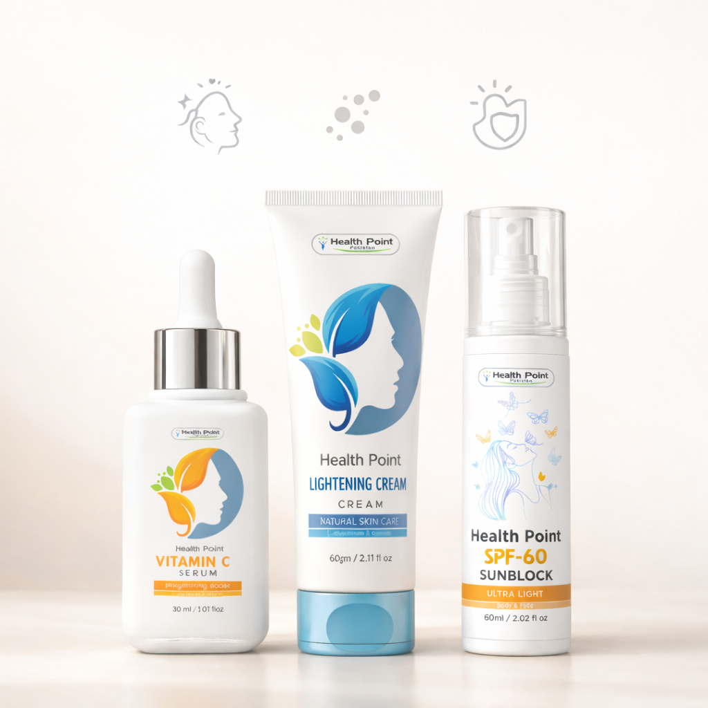  Benefits image for Health Point brightening bundle for glow, dark spots, and daily
  sun protection in Pakistan