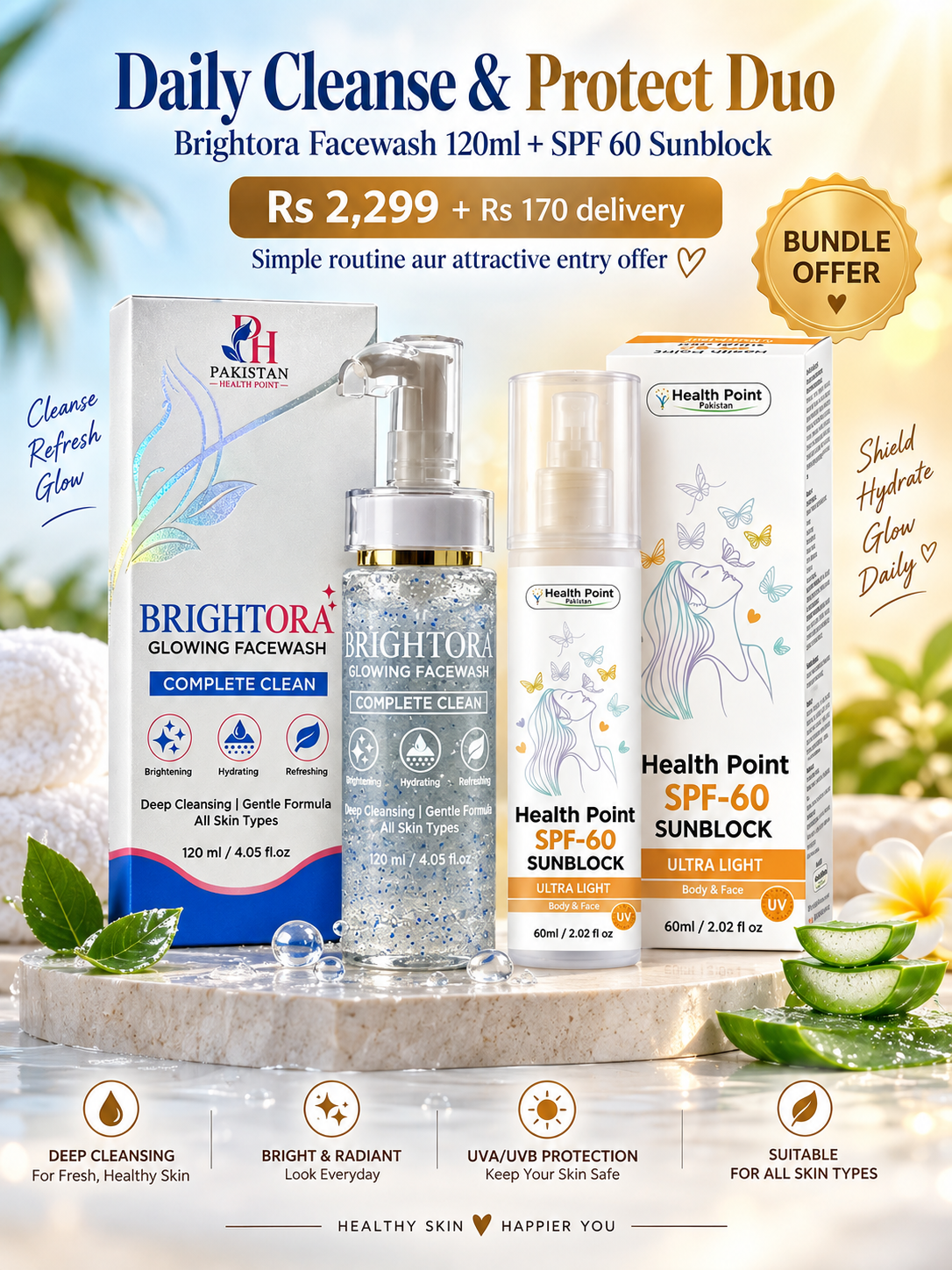 Health Point Daily Cleanse & Protect Duo with Brightora Facewash and SPF 60 Sunblock.