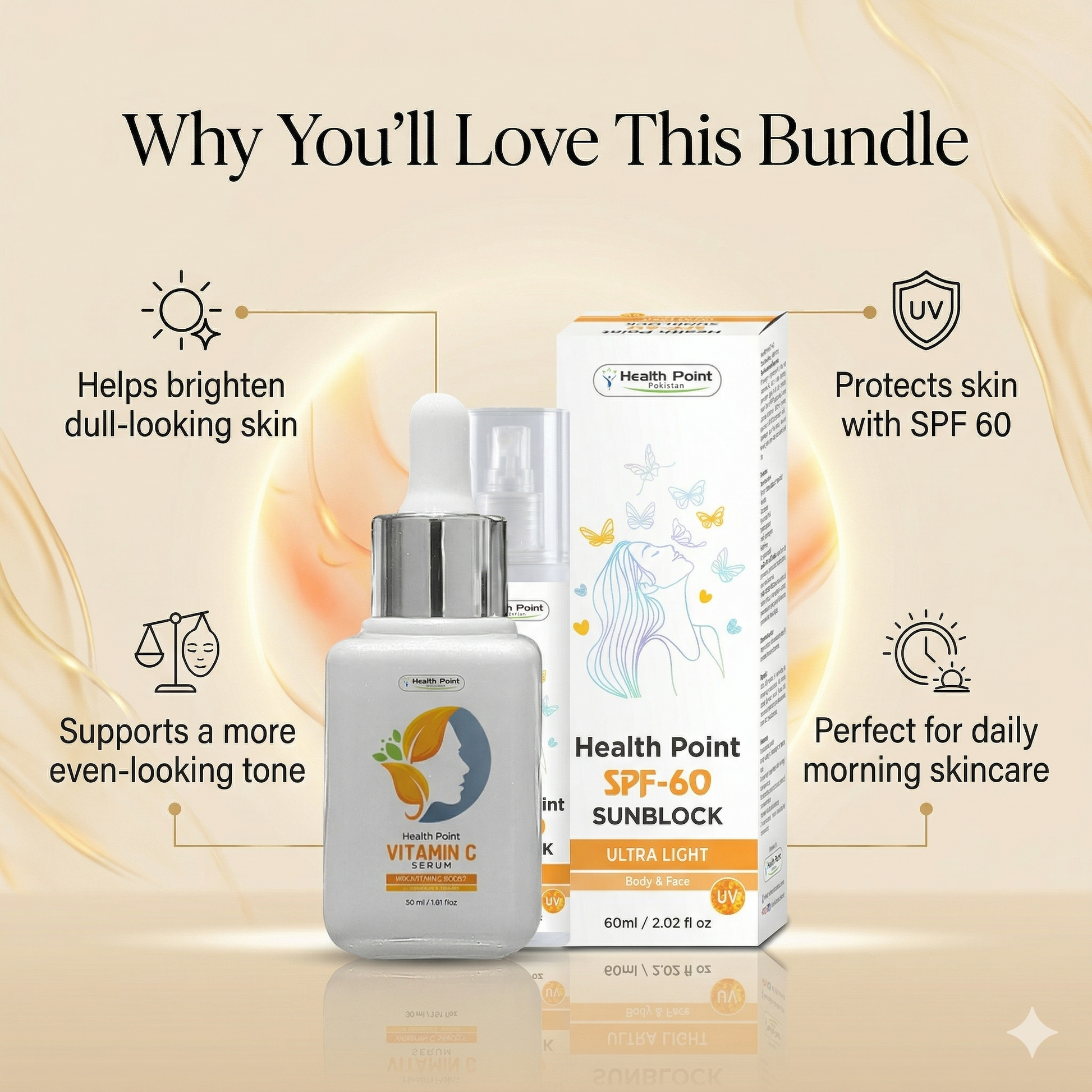 Health Point Daily Glow Duo benefits image showing Vitamin C Serum and SPF 60 for brightening skin and daily UV protection in Pakistan