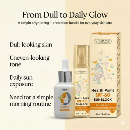 Problem solution image for Health Point Daily Glow Duo showing support for dull skin uneven tone and daily sun exposure in Pakistan