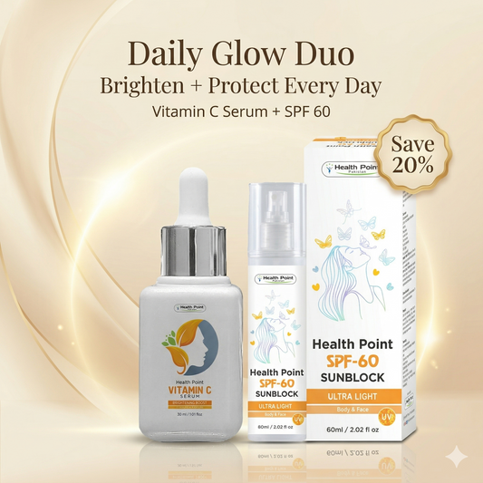 Health Point Daily Glow Duo bundle with Vitamin C Serum and SPF 60 Sunblock for glowing skin and daily sun protection in Pakistan
