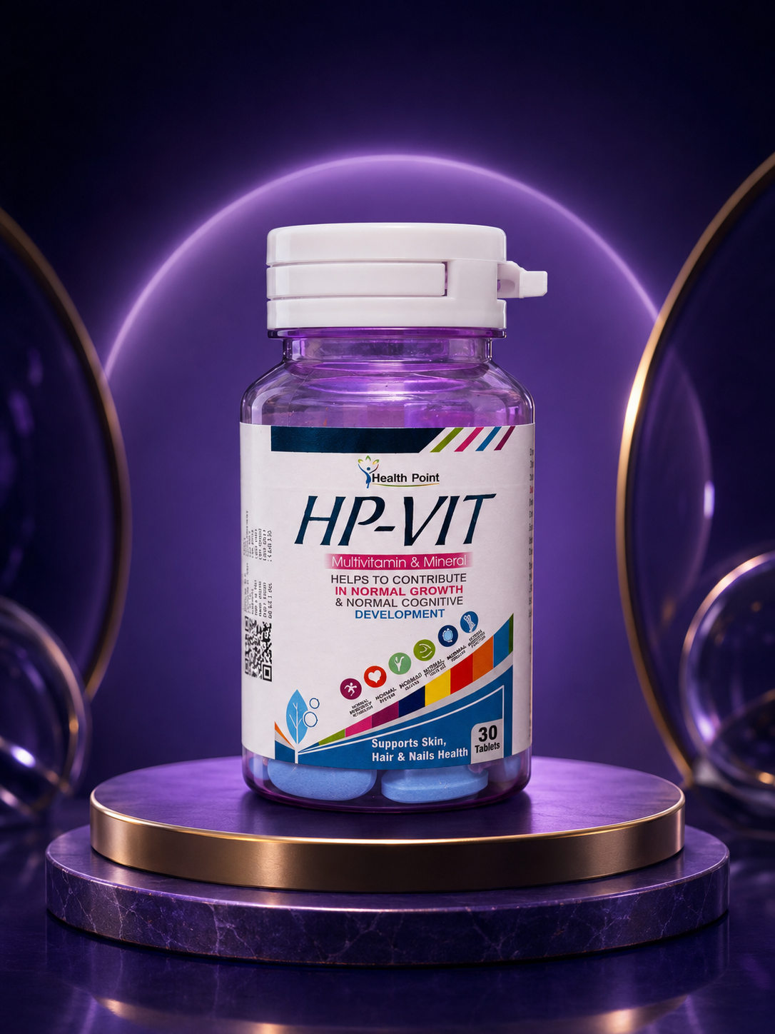 Health Point HP-VIT multivitamin and mineral 30 tablets bottle on a premium purple and gold background.