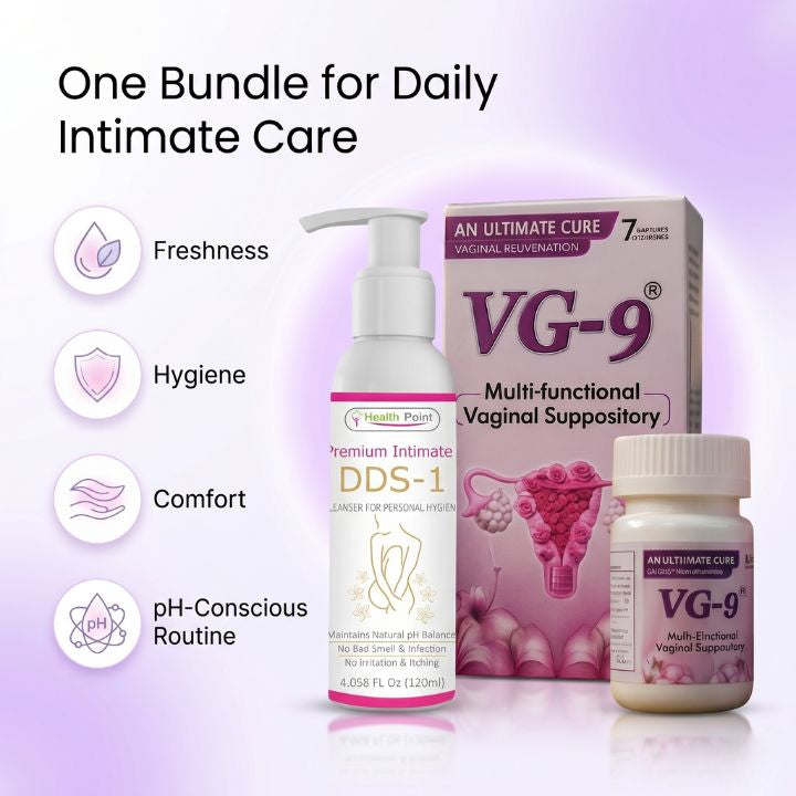 Health Point Intimate Care Duo featuring DDS1 Intimate Wash and VG9 Suppository with daily intimate care routine benefits including freshness, hygiene, comfort, and pH-conscious support.