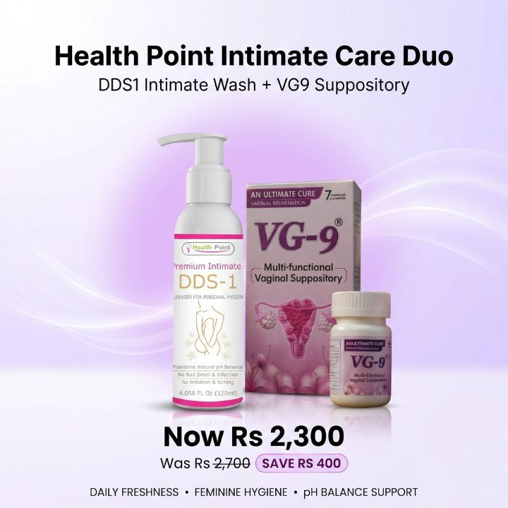 Health Point Intimate Care Duo hero image featuring DDS1 Intimate Wash and VG9 Suppository with bundle offer price, savings, daily freshness, feminine hygiene, and pH balance support in Pakistan.