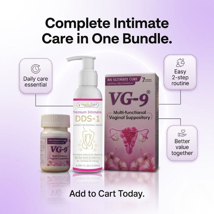 Health Point Intimate Care Duo final conversion image featuring DDS1 Intimate Wash and VG9 Suppository with complete intimate care bundle messaging, easy 2-step routine, better value together, and add to cart call to action.