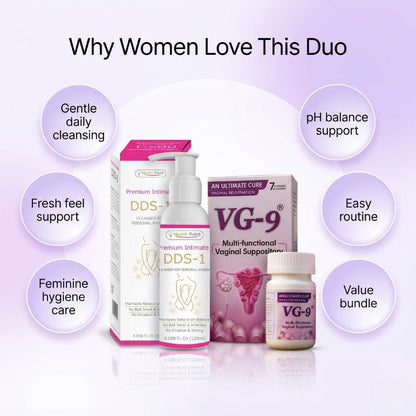Health Point Intimate Care Duo key benefits image featuring DDS1 Intimate Wash and VG9 Suppository with gentle daily cleansing, fresh feel support, feminine hygiene care, pH balance support, easy routine, and value bundle messaging.