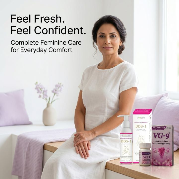 Health Point Intimate Care Duo lifestyle image featuring a fresh confident woman with DDS1 Intimate Wash and VG9 Suppository, highlighting feminine care, everyday comfort, and confidence.