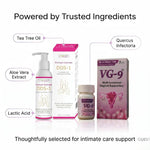 Health Point Intimate Care Duo ingredient highlight image featuring DDS1 Intimate Wash with Tea Tree Oil, Aloe Vera Extract, and Lactic Acid, plus VG9 Suppository with Quercus Infectoria for intimate care support.