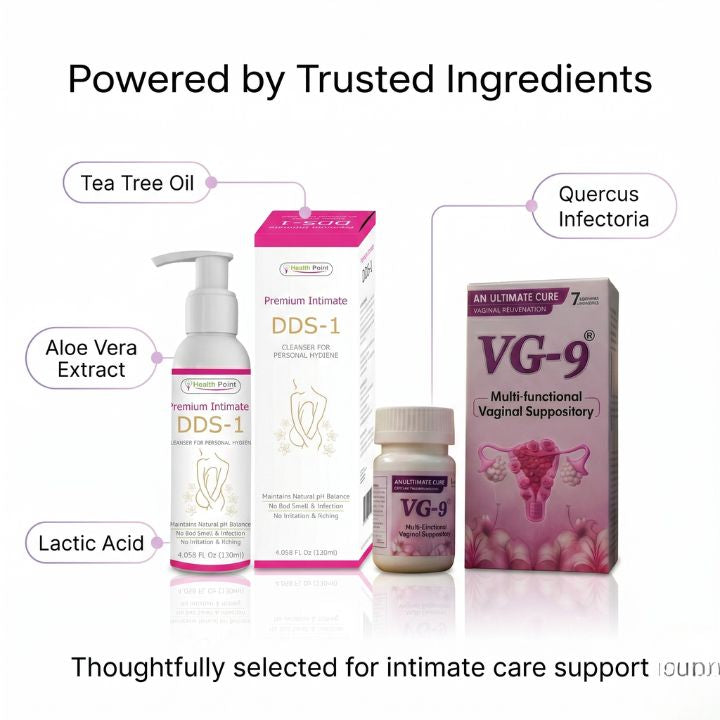 Health Point Intimate Care Duo ingredient highlight image featuring DDS1 Intimate Wash with Tea Tree Oil, Aloe Vera Extract, and Lactic Acid, plus VG9 Suppository with Quercus Infectoria for intimate care support.