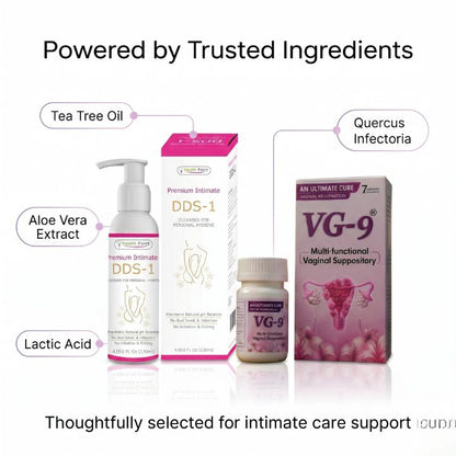 Health Point Intimate Care Duo ingredient highlight image featuring DDS1 Intimate Wash with Tea Tree Oil, Aloe Vera Extract, and Lactic Acid, plus VG9 Suppository with Quercus Infectoria for intimate care support.