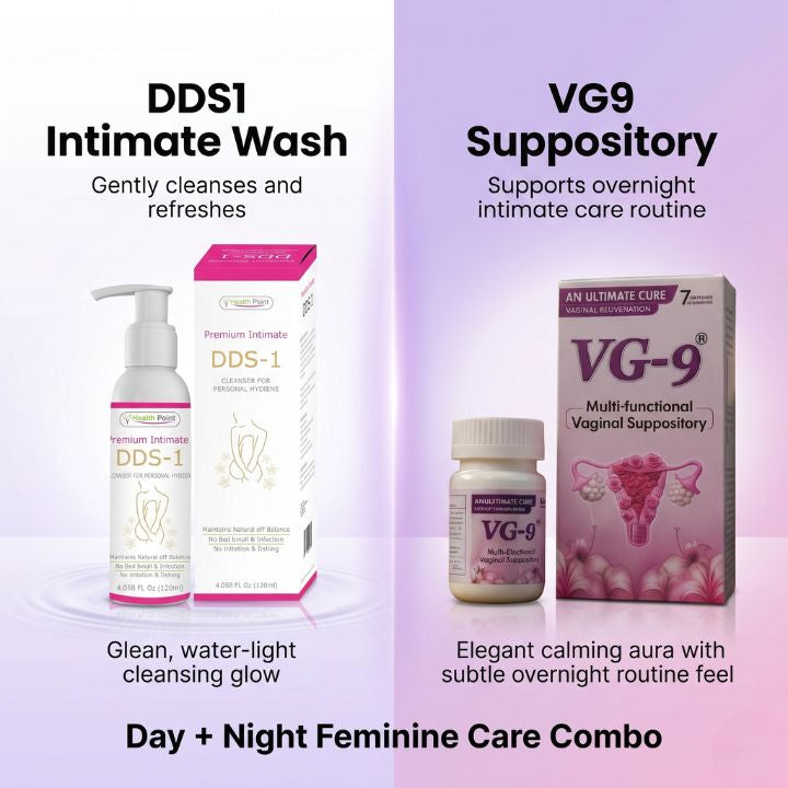 Health Point Intimate Care Duo image showing DDS1 Intimate Wash for gentle cleansing and refreshing, and VG9 Suppository for overnight intimate care support in a day and night feminine care combo.