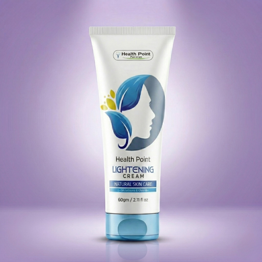 Health Point Lightening Cream hero image with soft dark luxury blue background and premium skincare studio lighting