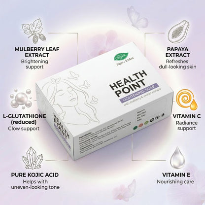 Health Point Lightening Soap ingredients image with glutathione kojic acid mulberry papaya vitamin C and vitamin E