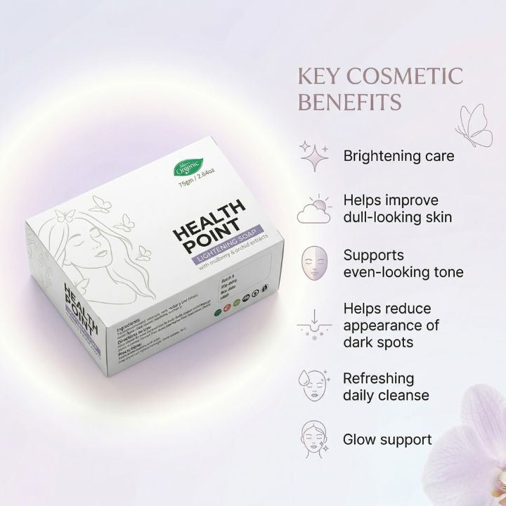 Health Point Lightening Soap key benefits image showing brightening care glow support and dark spot care
