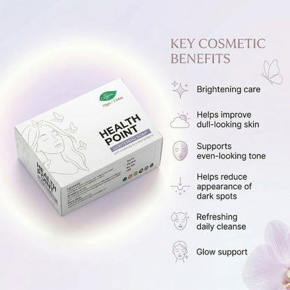 Health Point Lightening Soap key benefits image showing brightening care glow support and dark spot care