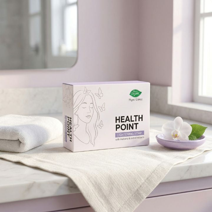 Health Point Lightening Soap lifestyle image in a clean self-care skincare setting for daily glow routine