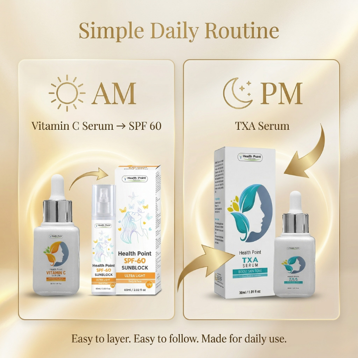 AM PM skincare routine for pigmentation with Vitamin C Serum SPF 60 and TXA Serum by Health Point
