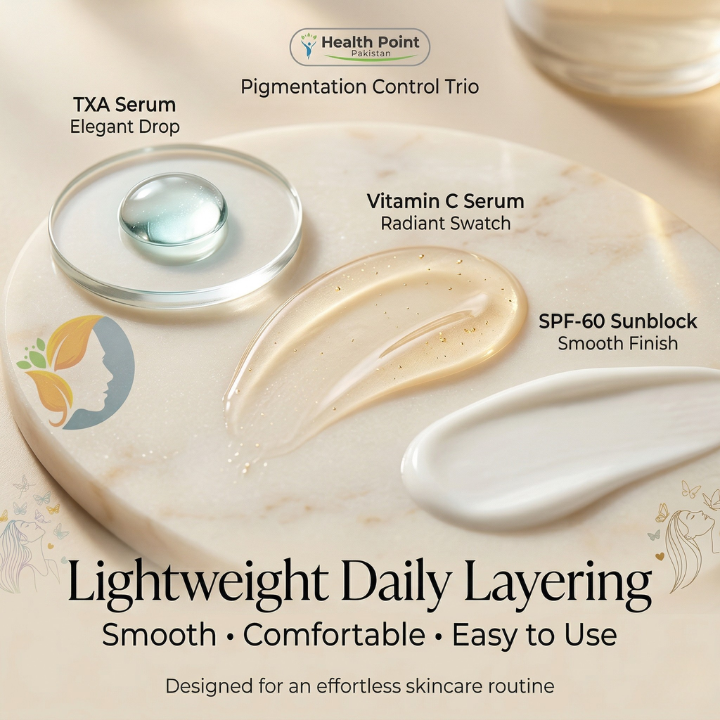 Lightweight texture and layering image for TXA Serum Vitamin C Serum and SPF 60 bundle by Health Point