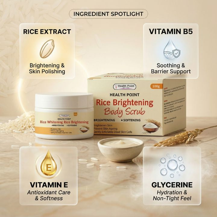 Health Point Rice Brightening Body Scrub ingredients image with rice extract vitamin B5 vitamin E and glycerine